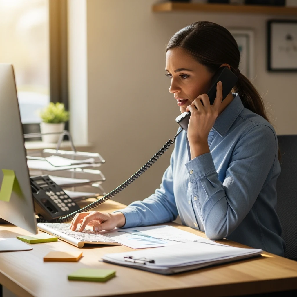 Overwhelmed front desk receptionist at a Cumming GA business juggling phone calls and paperwork — a sign the business is ready for an AI chatbot