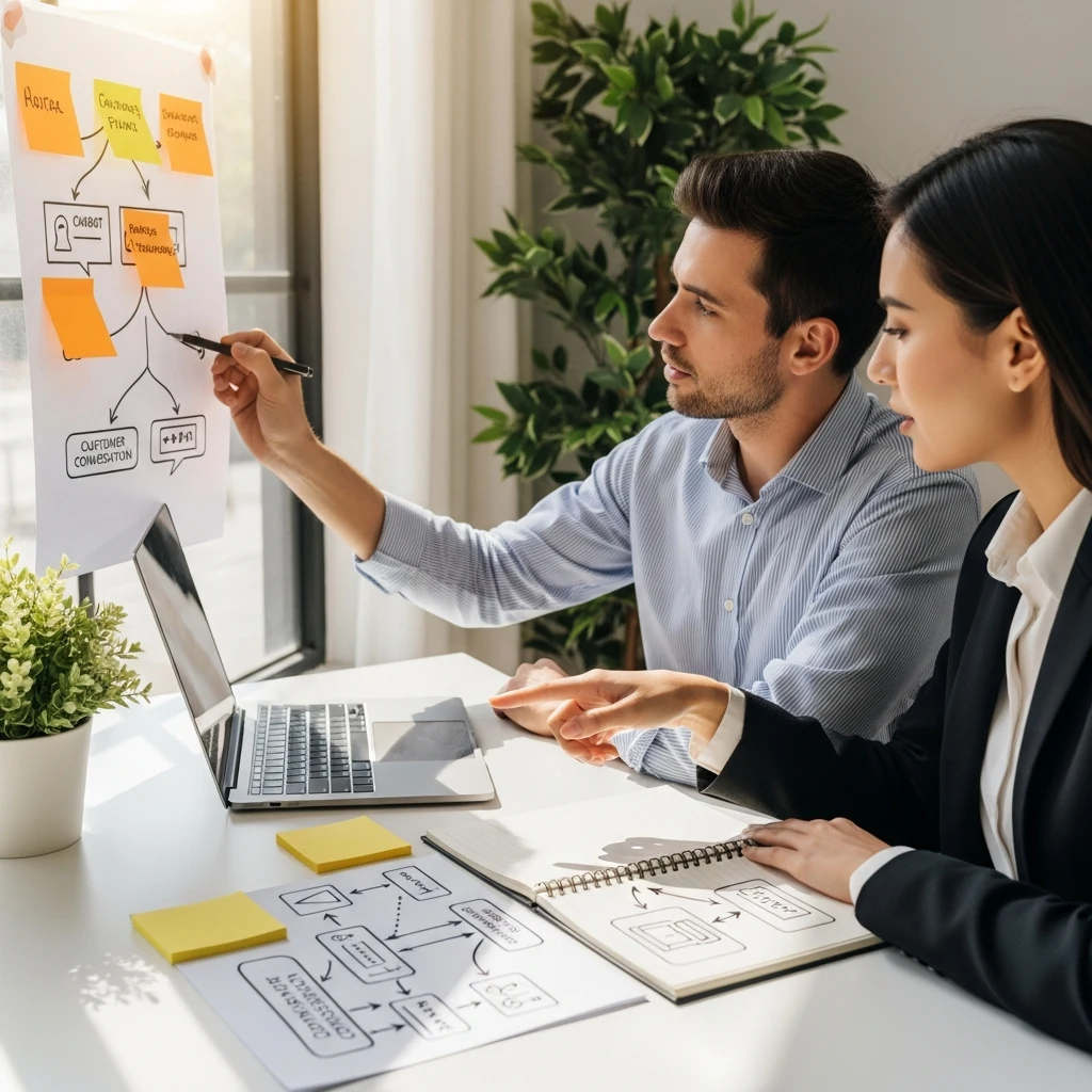 Aptare AI team mapping out custom AI chatbot conversation flows on sticky notes for a Cumming GA small business