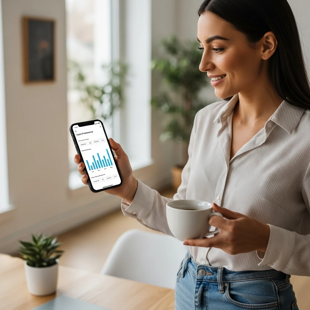 Cumming GA business owner reviewing AI chatbot performance metrics and lead conversion analytics on a smartphone dashboard