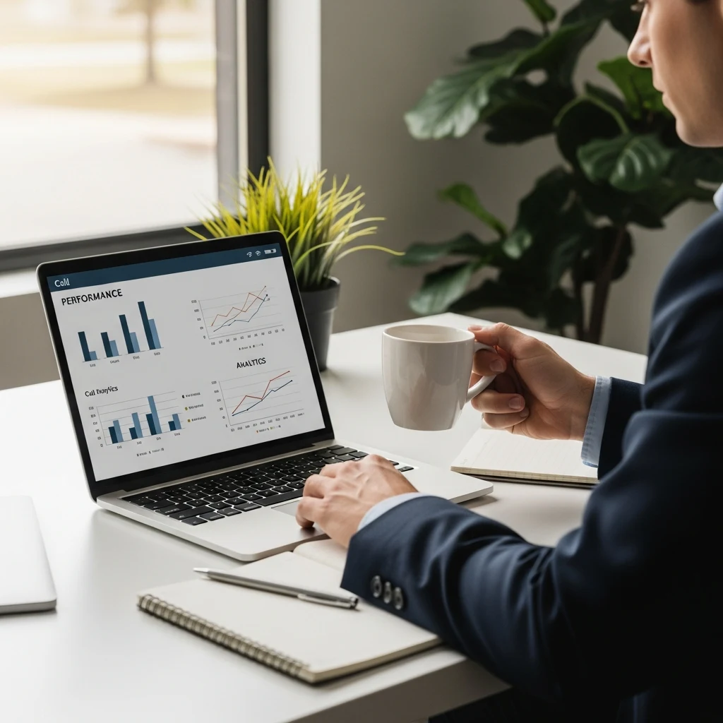 Cumming GA business owner reviewing AI receptionist call performance analytics and booking conversion metrics on a laptop