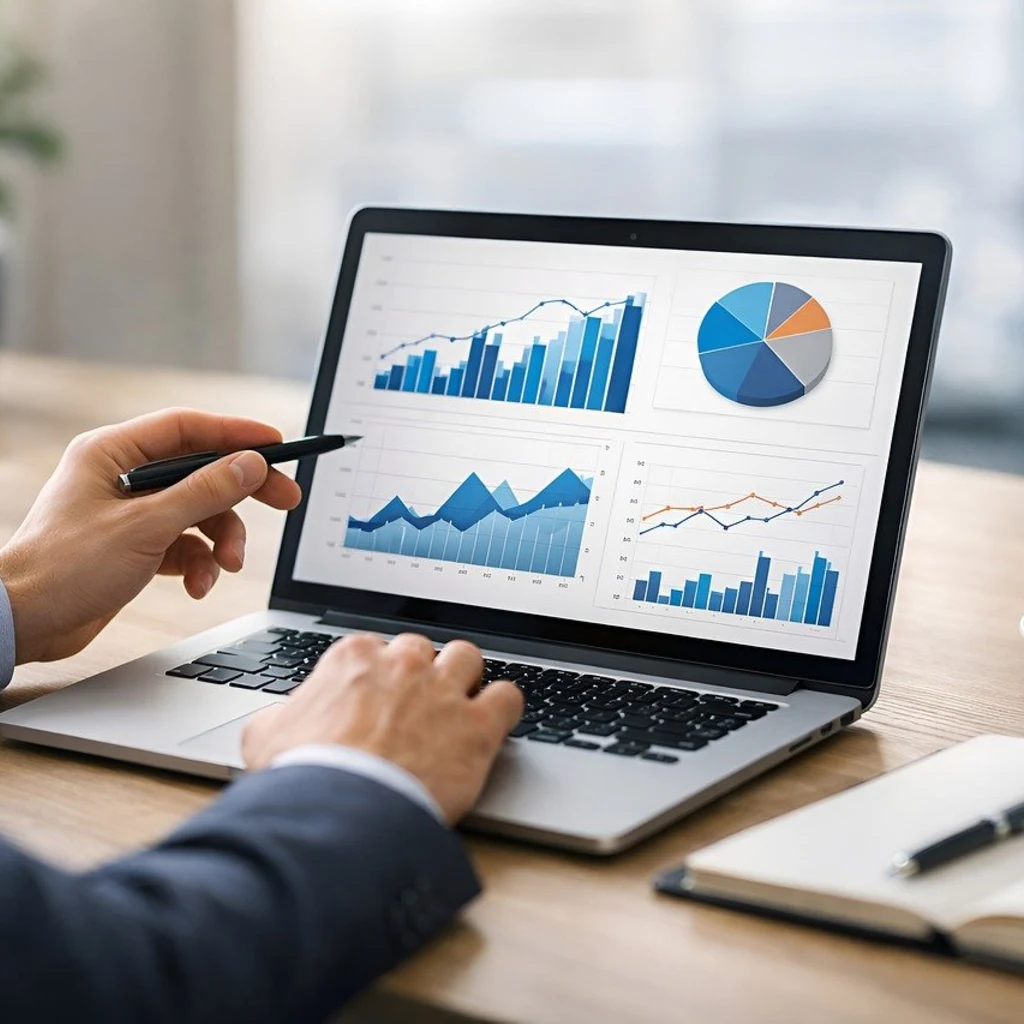 Cumming, GA business owner reviewing a printed automation performance report with charts beside a laptop dashboard to verify her workflows are running correctly