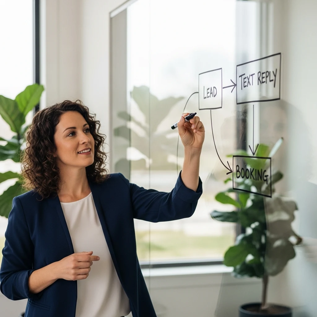 Aptare AI consultant in Cumming, GA mapping a business process automation workflow on a glass whiteboard for a local service business
