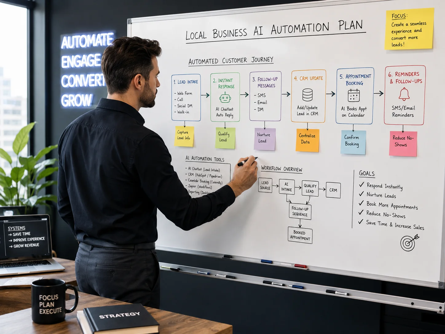AI automation workflow map showing how a Cumming, GA business connects website lead forms, instant text replies, appointment booking, and CRM contact records