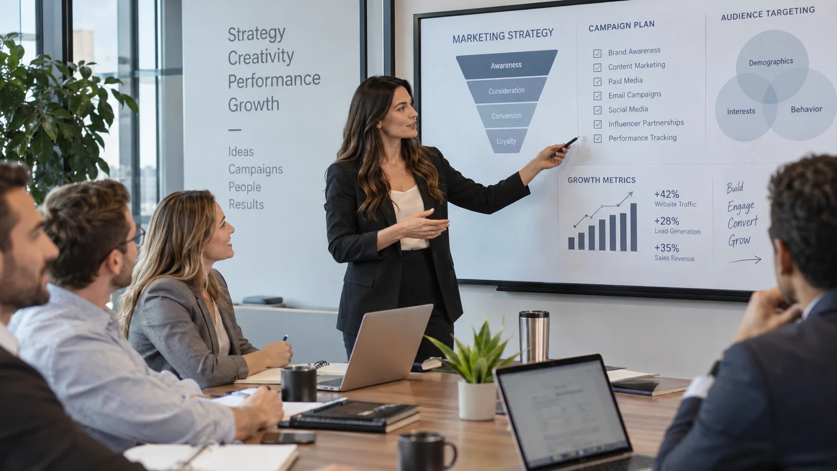 Marketing strategy consulting session at a whiteboard for a Cumming GA business