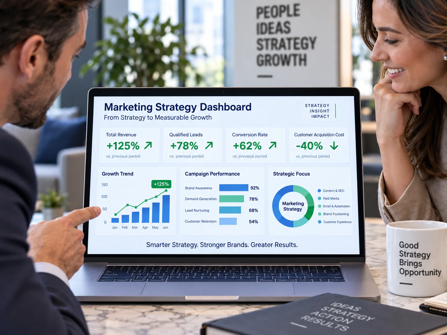 Marketing strategy consulting session at a whiteboard for a Cumming GA business