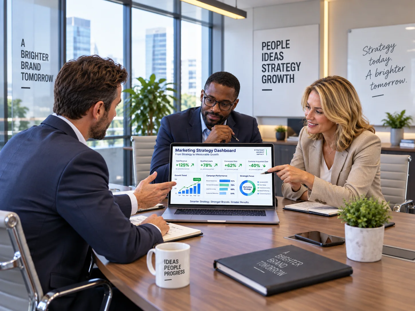 Marketing consultant presenting strategy to a Cumming GA business owner