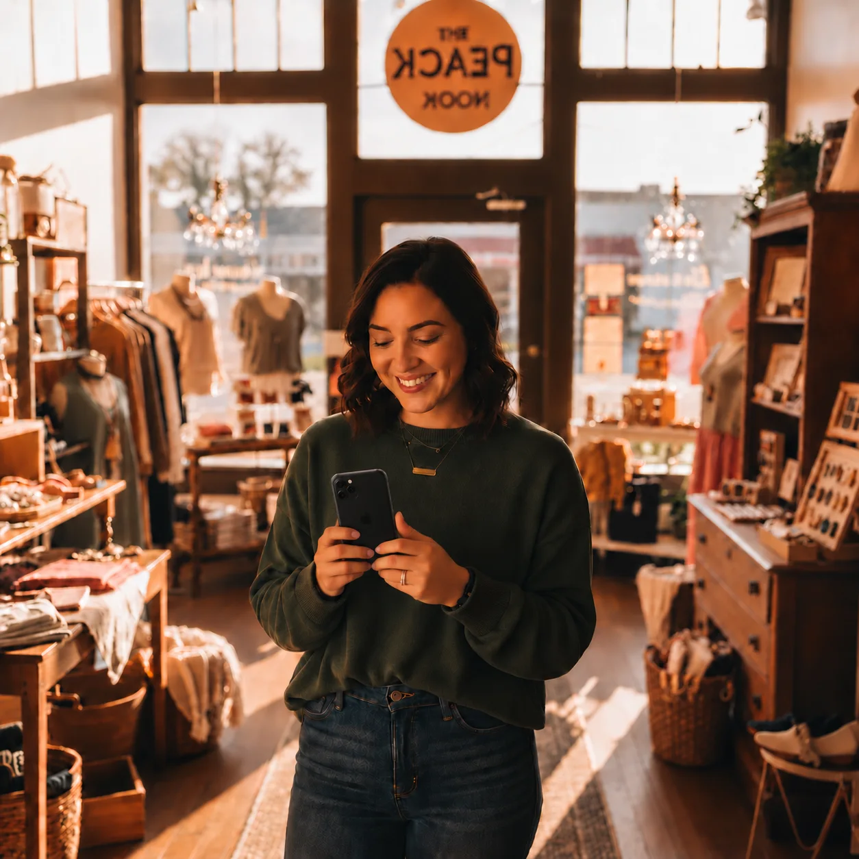 Local Cumming GA small business owner managing her social media presence in her storefront